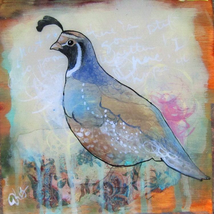 4"x4" wood mounted print.   Reproduction of original quail bird painting