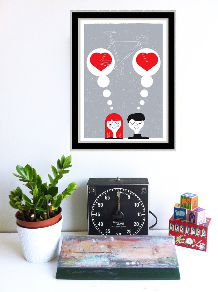Screenprint Bike art print - Thinking Of You - Bicycle and Love poster print silkscreen