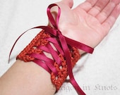 Orange Rust Wrist Cuff - Silk Lurex - Small Laced Crochet Cuff