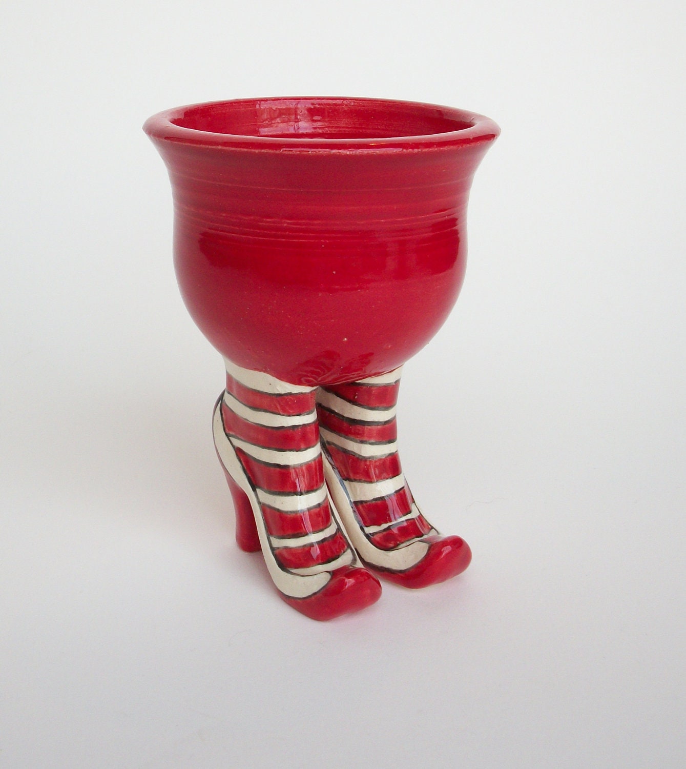 RED Handmade Ceramic Planter Pot with High Heels and Red Striped Stockings