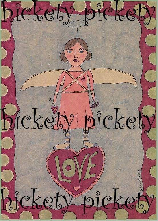 Primitive Art Print Angel Folk Painting Card LOVE Valentine Christmas Heart Folkart Whimsical Watercolor Printable Download Hickety Pickety