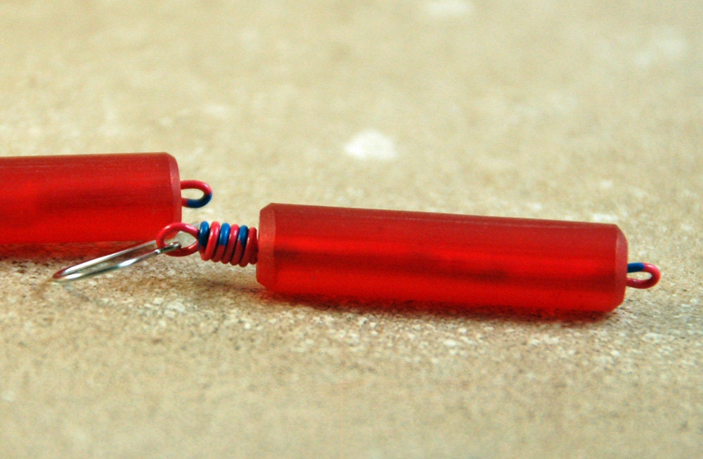 Eco-Chic Cherry Red Resin Tube and Recycled Telephone Wire Earrings