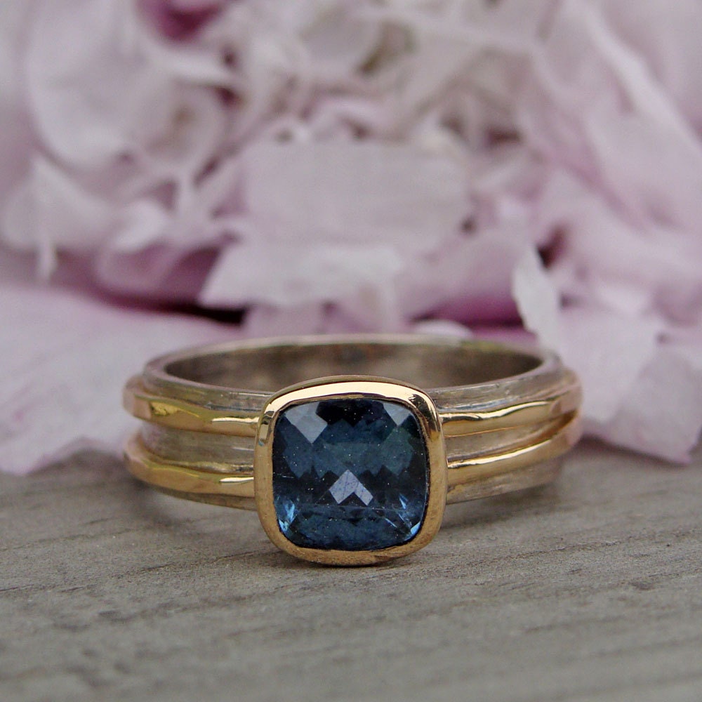 CLEARANCE - Fair Trade Sapphire  Engagement Ring - Recycled 14k Yellow Gold, and Recycled 18k Palladium White Gold, size 5.25