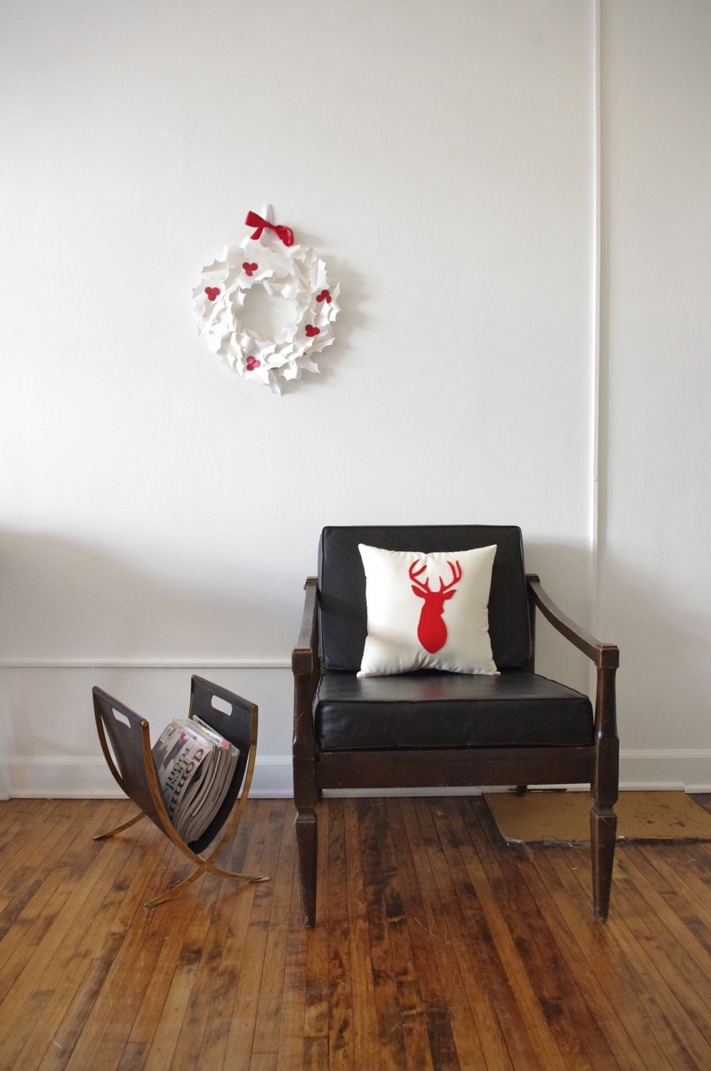 Red Reindeer Silhouette on Linen Colored Fabric Decorative Pillow