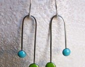 Ready to Ship: Enamel Earrings, Double Dipper Dangle, Lime Green and Robin's Egg Blue Kiln Fired Glass Enamel and Sterling Silver Earrings