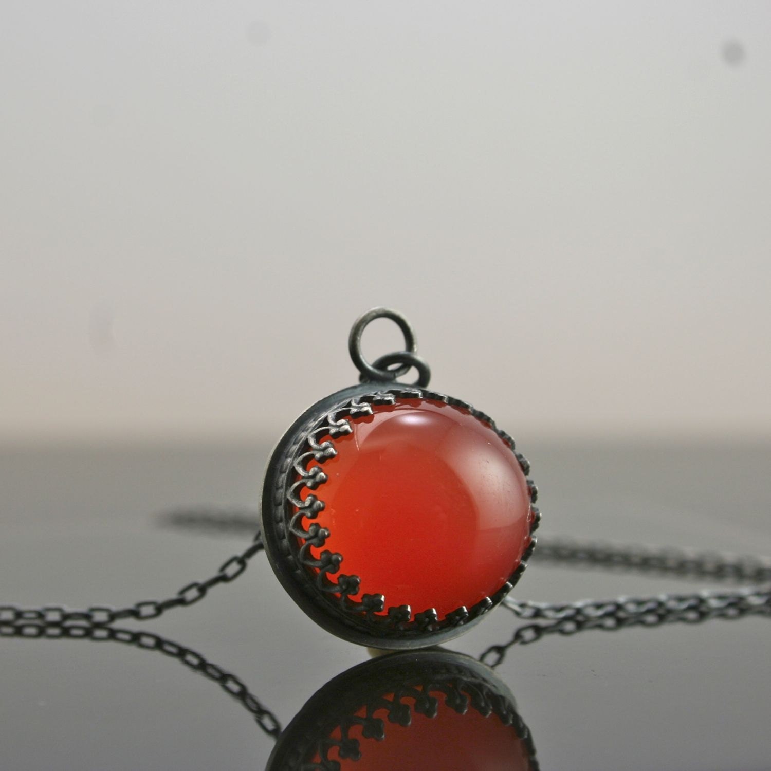 Mexican Fire Opal Pendant Necklace - Oval Bezel Set Cabochon - Oxidized Sterling Silver