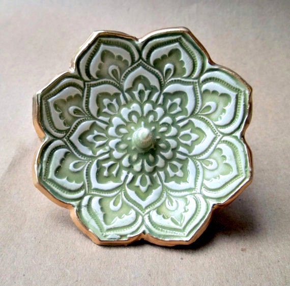 Sage Green Lotus Ring Holder Bowl gold edged