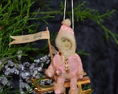 Spun Cotton Pink Snow Girl on Sled Victorian Inspired OOAK Christmas Folk Art Ornament Vintage Craft