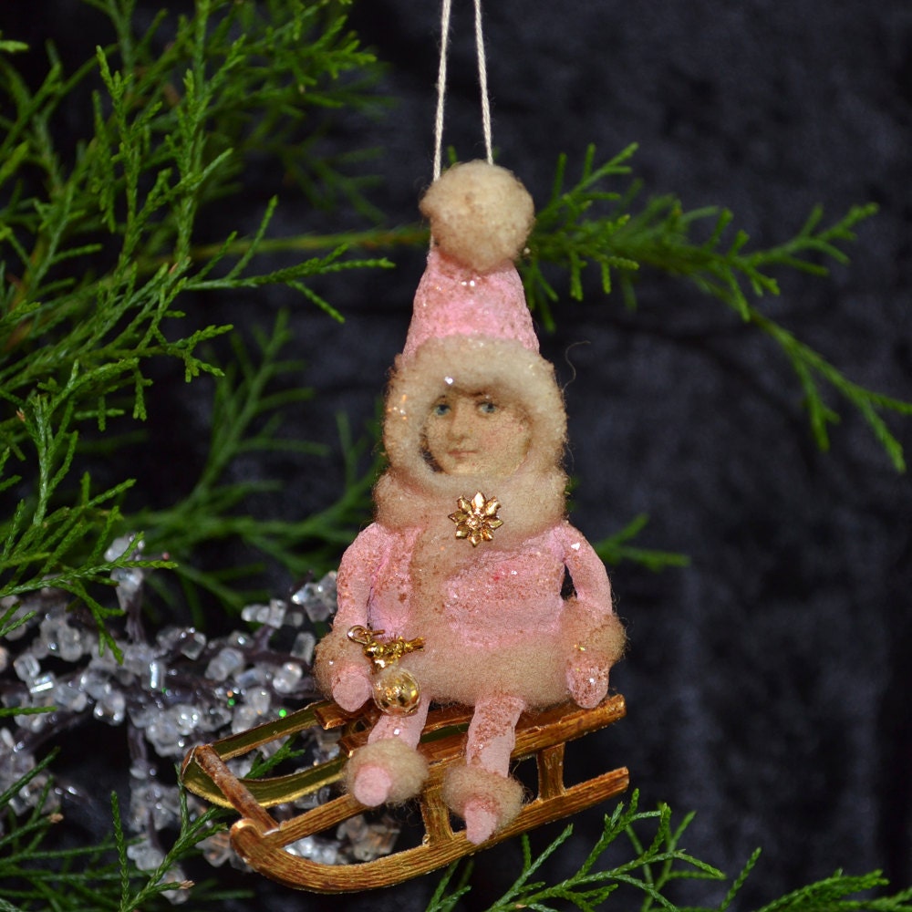Spun Cotton Snow Girl II on Sled Victorian Inspired OOAK Christmas Folk Art Ornament Vintage Craft