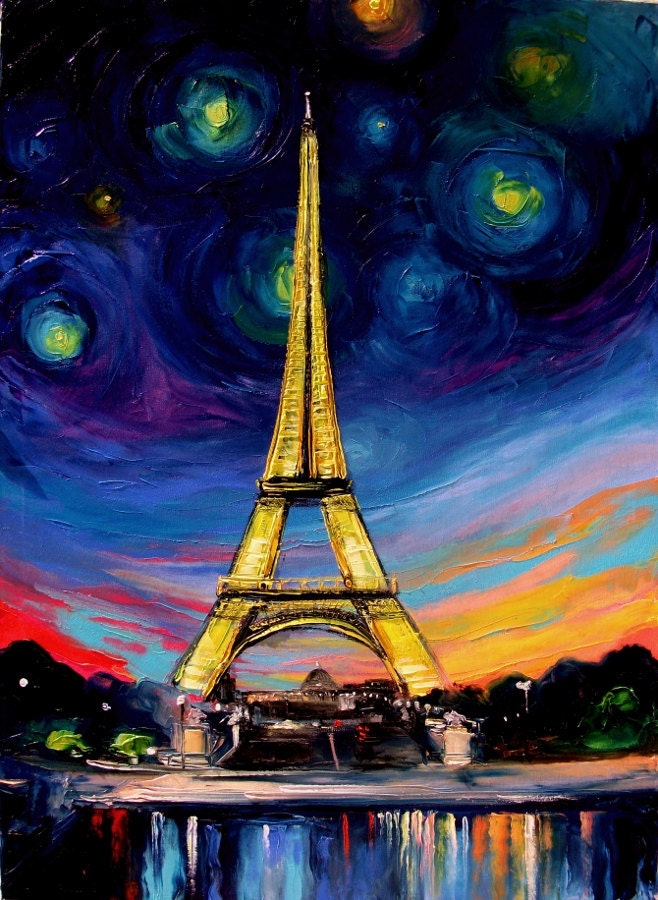Landscape painting Eiffel Tower art original oil on canvas by Aja 30x40