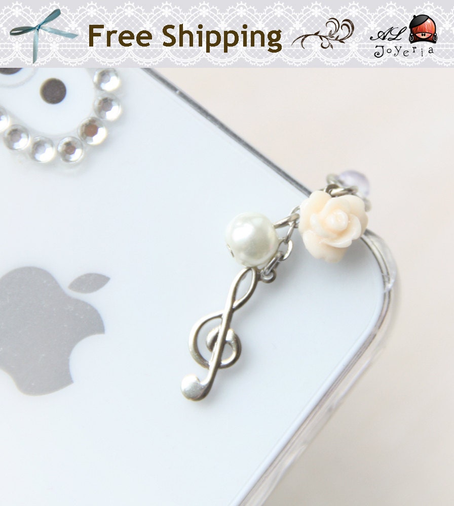 Music Note iPhone Earphone Plug. Treble Clef Cell Phone Charm. iPhone4, iPhone5, iPad, Samsung, iPhone Accessories. Free Shipping