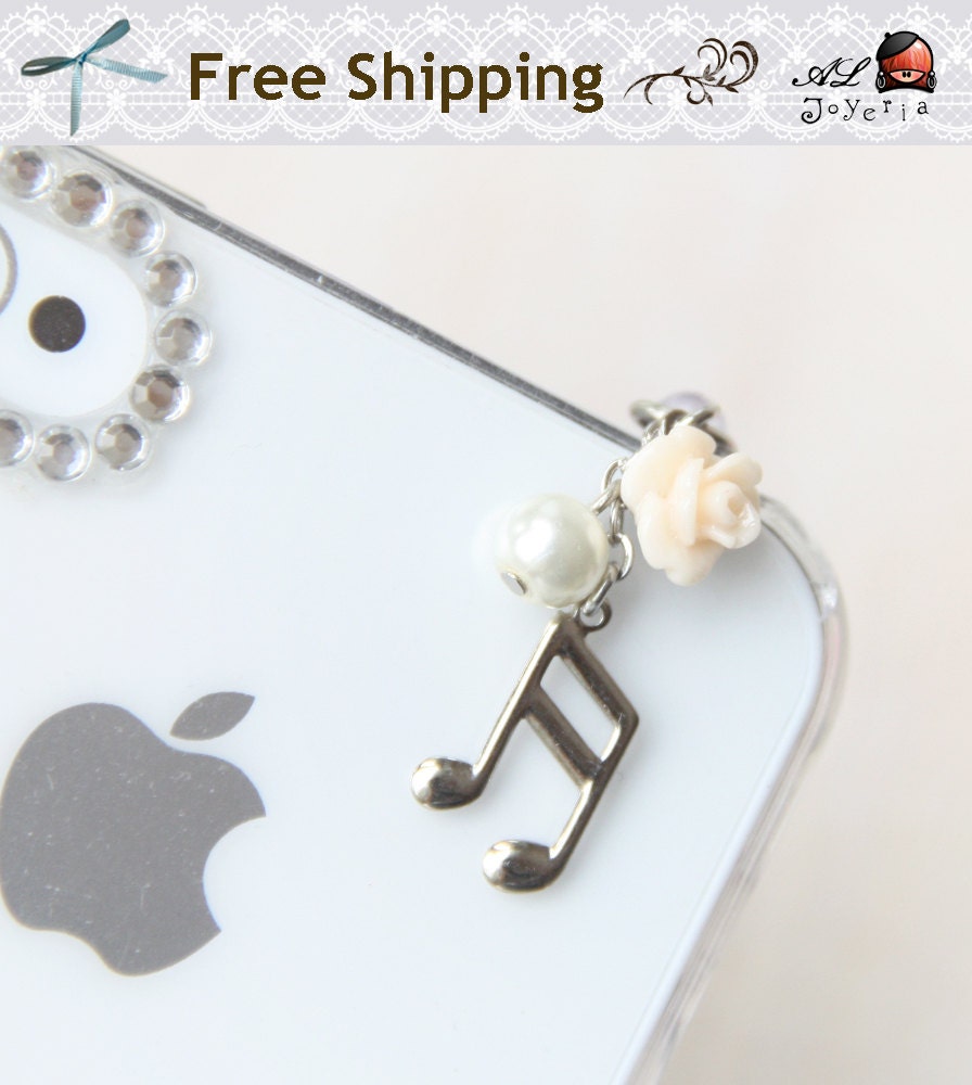Music Note iPhone Earphone Plug. Flower Cell Phone Charm. iPhone4, iPhone5, iPad, Samsung, iPhone Accessories. Free Shipping