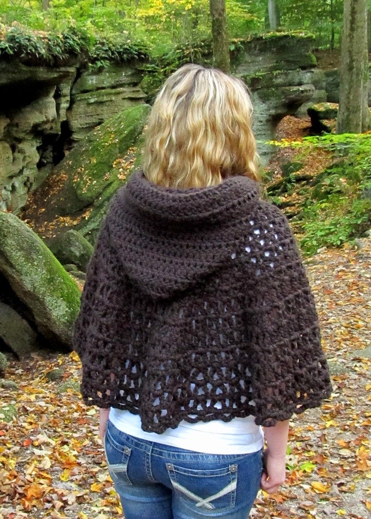 Brown Hooded Capelet Shawl Crochet Cape or Poncho Ready to Ship