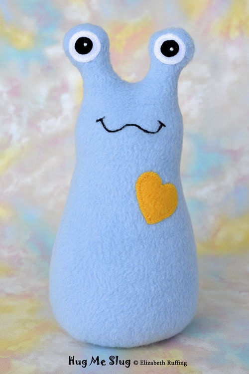 Handmade Slug, Stuffed Animal Plush Kids Baby Doll Art Toy, Hug Me Slug, Personalized Tag, Light Blue, Gold Fleece, 9 inch, Ready-made