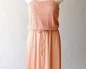 vintage sun dress / sweater knit dress set / peach shimmer sundress / Jacket Vest / Spaghetti Strap