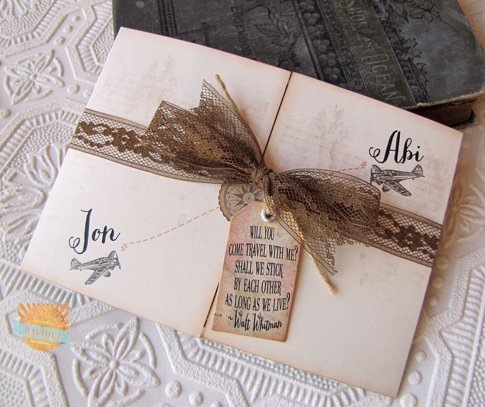 Vintage Destination Wedding Invitation Rustic World  Map Airplane