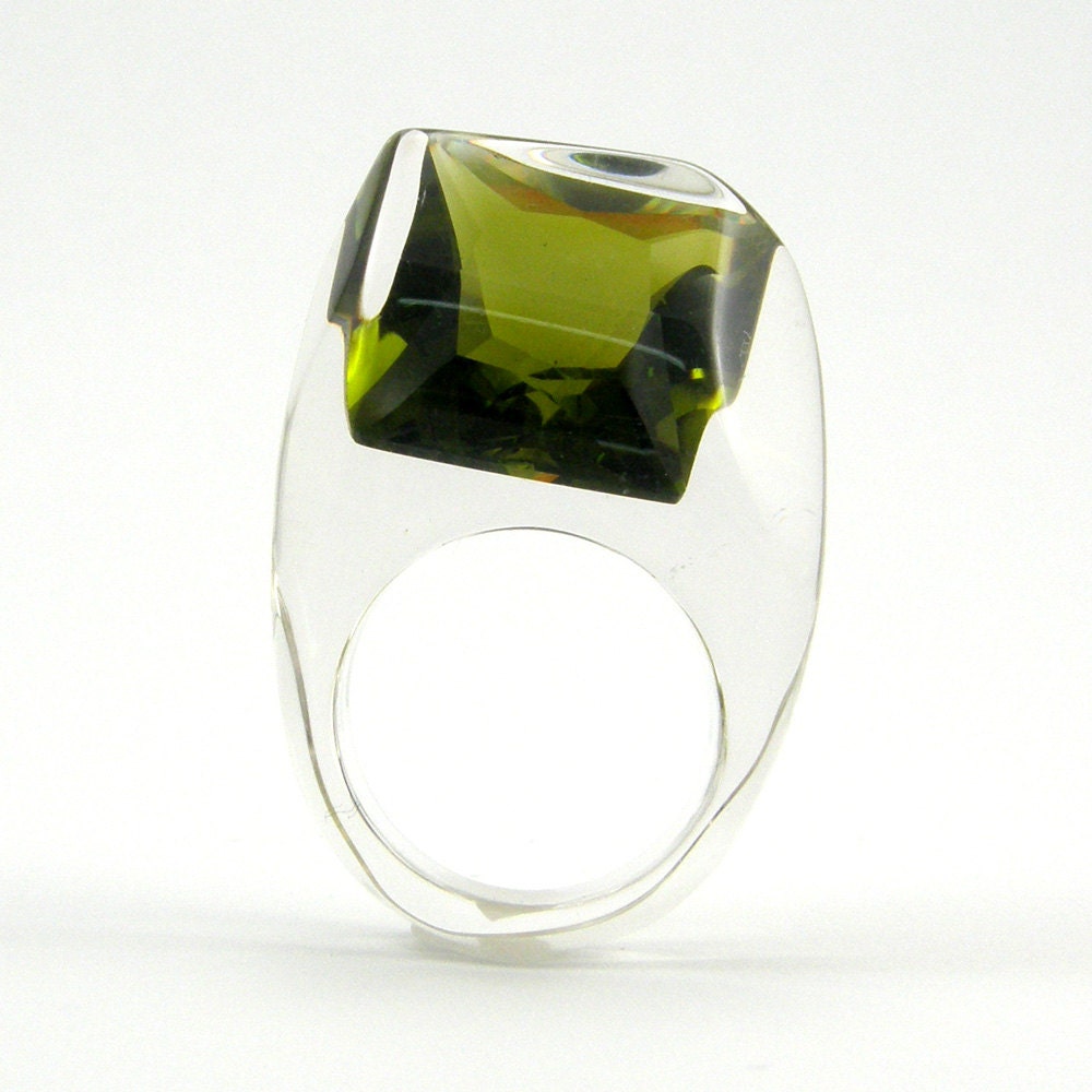 Green Olive Crystal Ring, Clear Resin Ring with Square Deep Forest Zirconia, Modern Jewelry