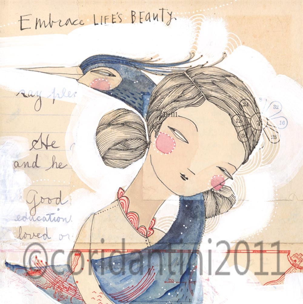 whimsical watercolor painting of a girl and a bird - heron - 8 x 8 - blue - limited edition archival print by cori dantini