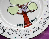 New baby name and birth statistics plate tree and owl handpainted 10.5 inch dinner plate