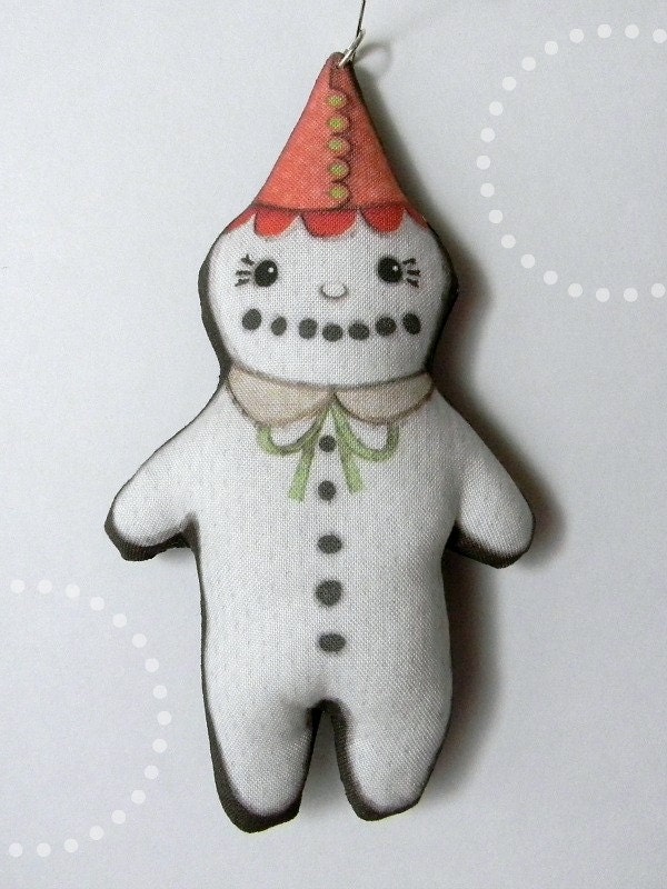 Christmas Snow Girl Snowman Ornament--  Original Folk Art Doll-- Printed, Sewn, and Stuffed Fabric