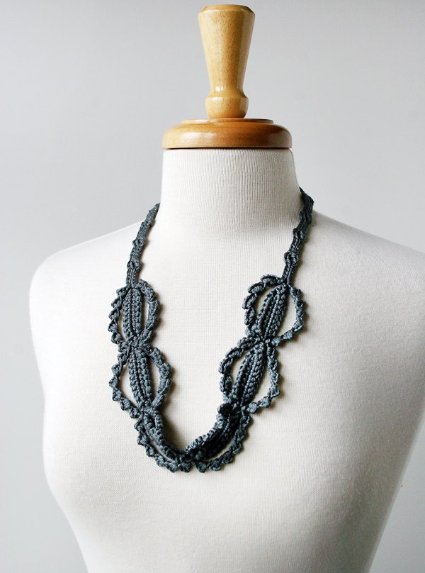 Fiber Art Jewelry - Silk Crochet Lace Necklace - Charcoal Steel Grey - ElenaRosenberg