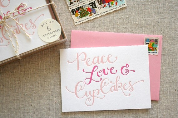 Set of 6 - Peace Love Cupcakes Letterpress Cards