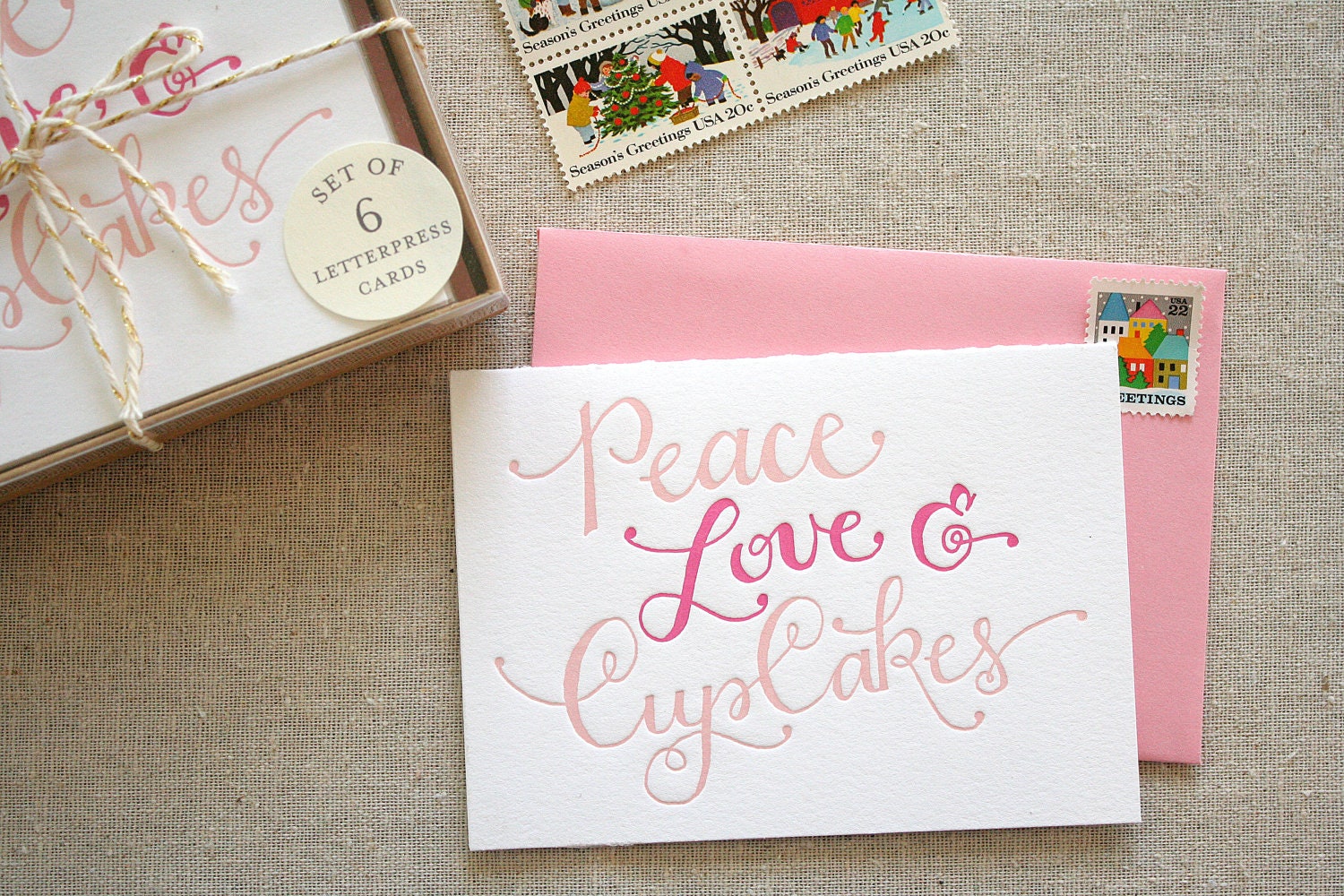 Set of 6 - Peace Love Cupcakes Letterpress Cards