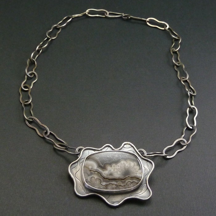 Agate Metalwork Necklace Rustic Oxidized Sterling Silver Natural Stone Jewelry