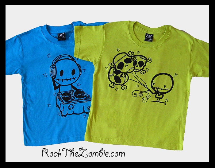 Set of Two Kids Zombie DJ and Skull Balloons Shirts tshirts summer twins Turquoise Lime