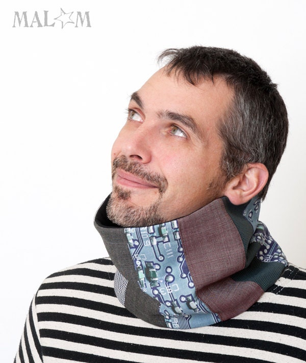 Men Scarf - Electronic Circuit Print - Geek cowl -  brown, grey, blue