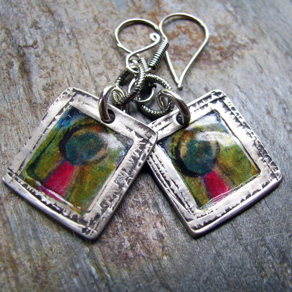 Art Journal Colorful Photo Transfer Silver Earrings, PMC Artisan Jewelry