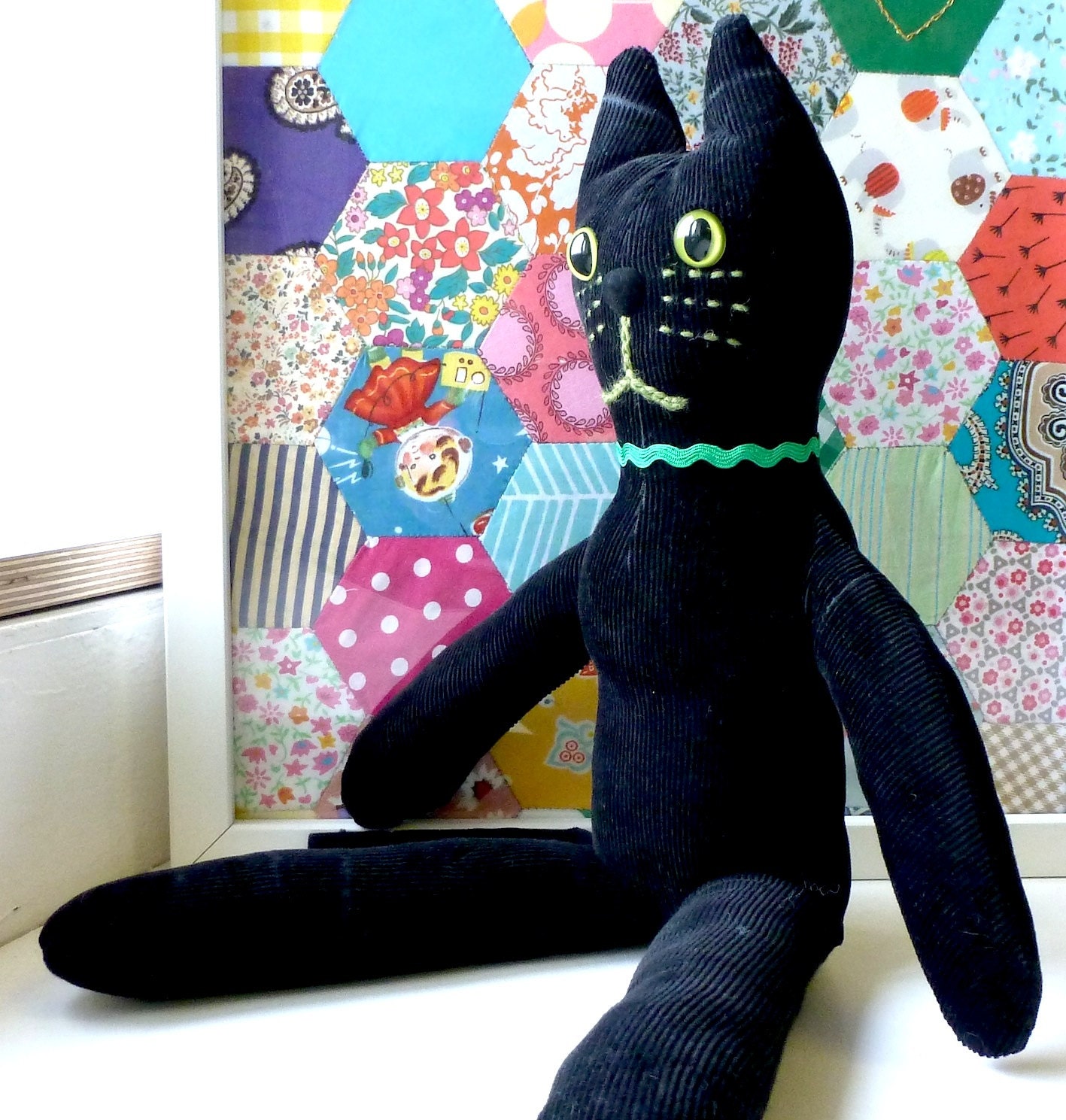 Black Cat Meeow With Green Ric Rac Collar