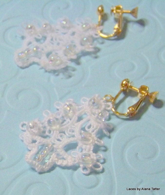 White Christmas Trees - Tatted Lace Dangle Clip On Earrings