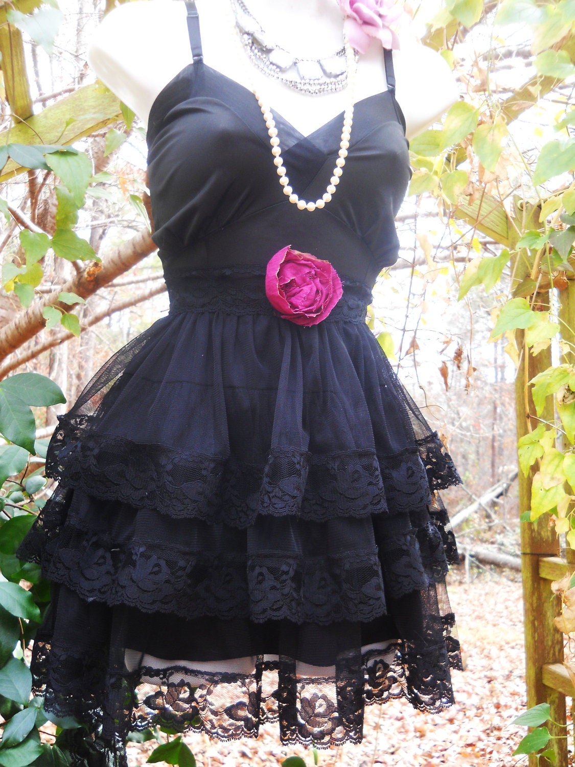 Black lace dress mini tulle party ruffles goth tiered  boho  rose romantic medium  by vintage opulence on Etsy