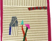 9.12.2012 small art quilt, contemporary, abstract, square, beige and cream stripes, neon pink, rust, aqua, grey, red, blue, fuchsia
