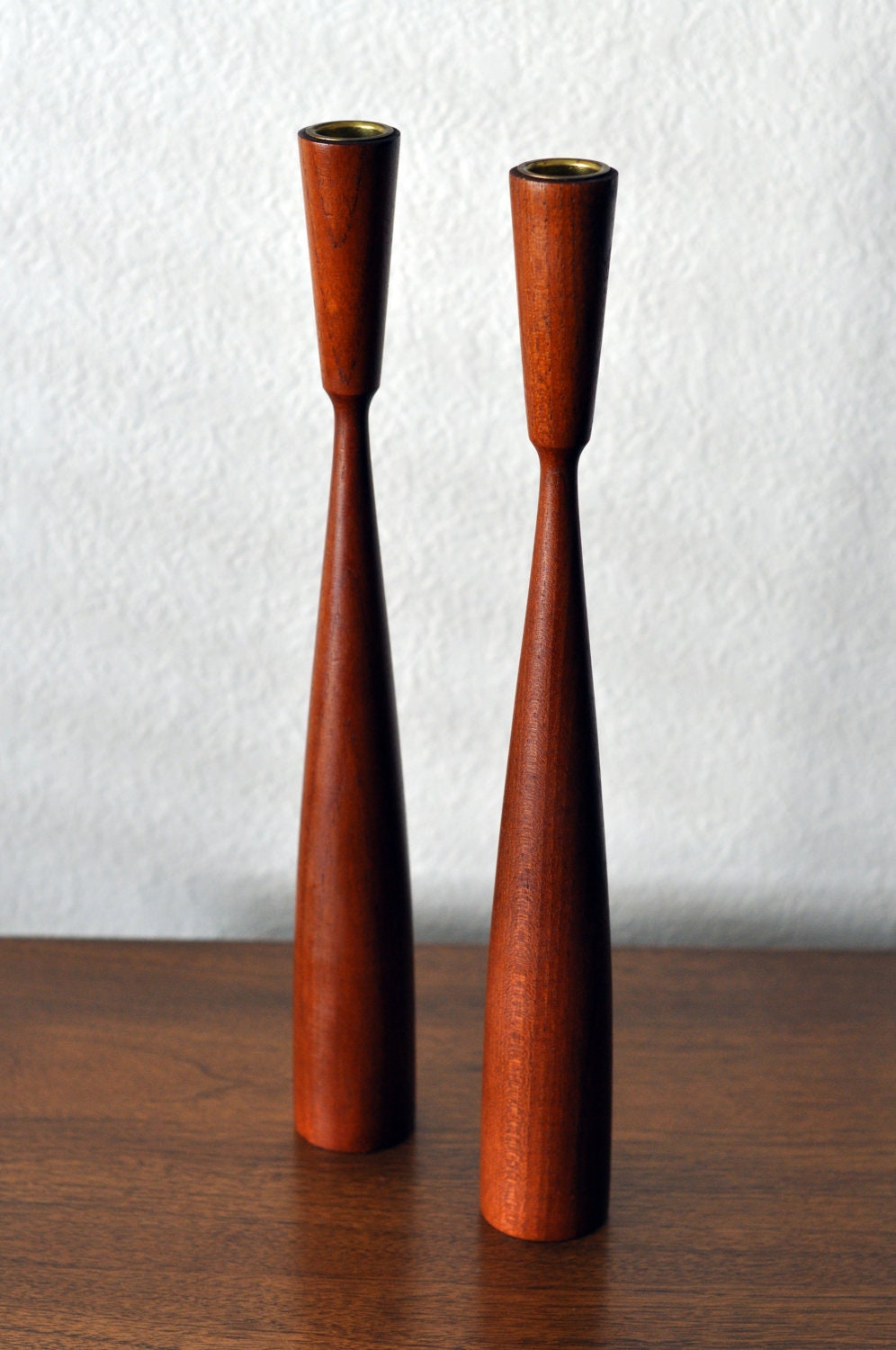 Vintage Pair of Mid Century Teak Candle Sticks