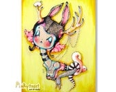 Original Painting-Burlesque Dream Bunny-in Antlers and Pearls-Surreal Big Eye Girl-Pinkytoast Art-9x12 inches