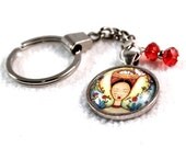 Silver Keychain Mexican Art Key Chain, Upcycled Beaded Keyring Key Ring, Silver Metal Original Mexican Girl Art Print Yellow Red