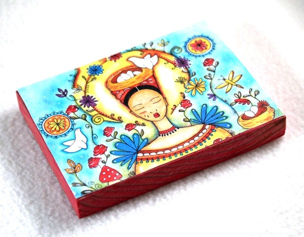 ACEO ATC Print on Wood Block, Mexican Girl With Birds Art Print, Artist Trading Card, Watercolor, Red Blue Yellow
