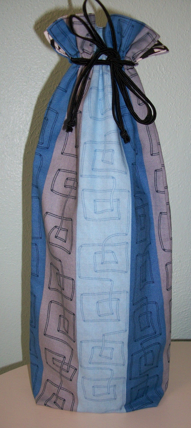 Greek Key and Houndstooth Wine Bottle Bag - Reversible - Drawstring - Reusable