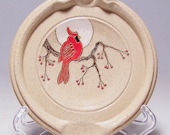 Cardinal and Red Berries 5 inch Pottery Spoon Rest rt - JimAndGina