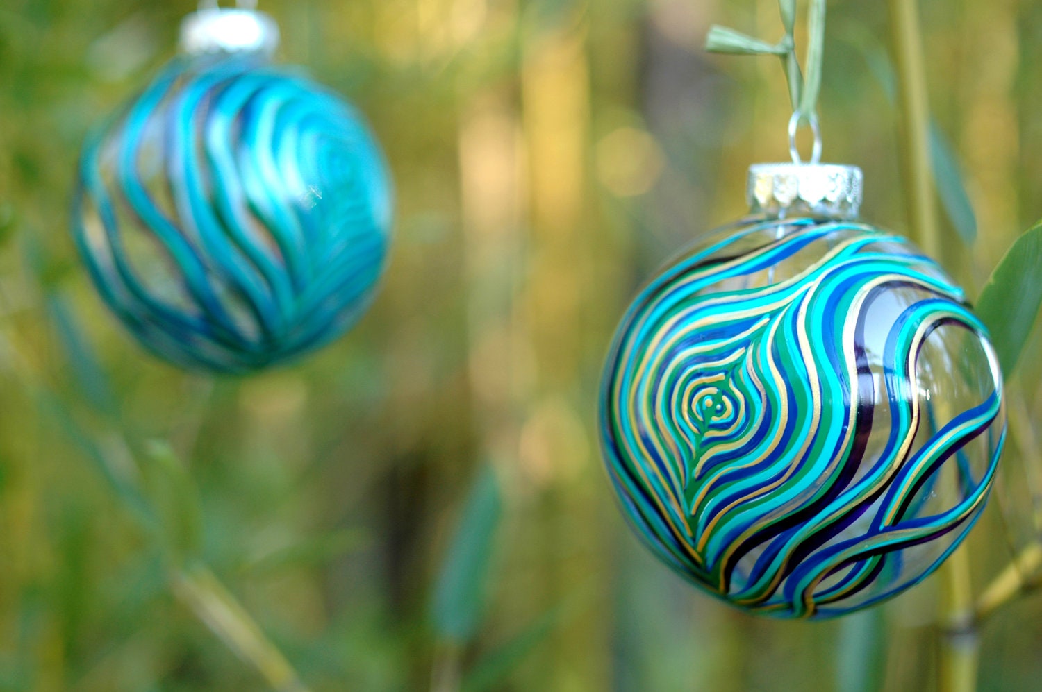 Peacock Feather Glass Ornament--Large Ornament Hand Painted in your choice of Gold or Silver Accents