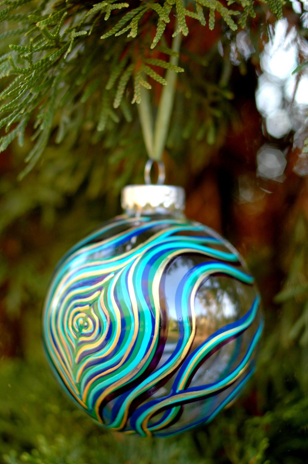 Peacock Feather Glass Ornament--Large Ornament Hand Painted in your choice of Gold or Silver Accents