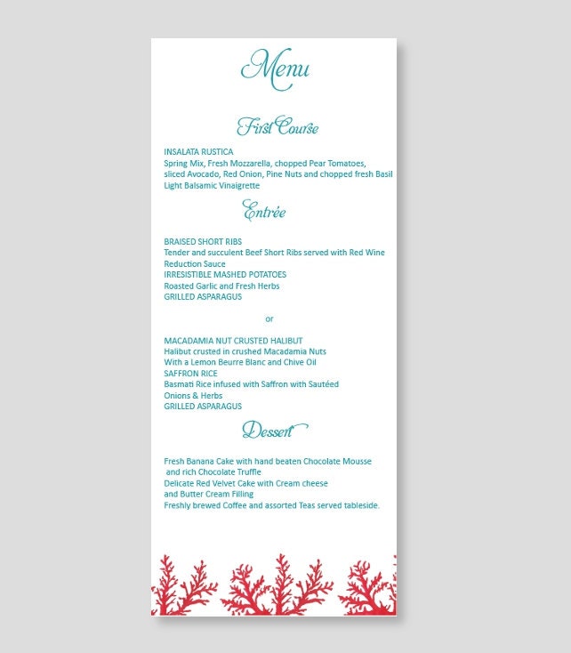 Custom Menu Cards for Weddings Receptions Events Coral Menus Bridal Baby Shower Seaside Red Aqua Turquoise Blue Destination  Beach Tropical