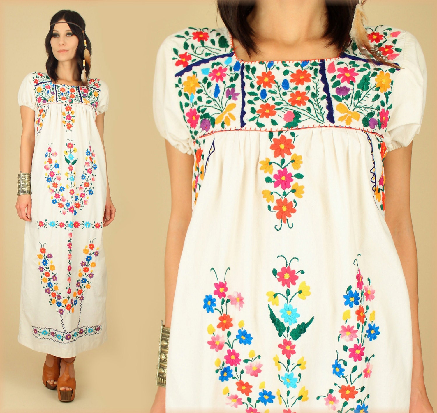 ViNtAgE 70's Hand EMBROIDERED Floral Cotton Mexican Maxi Boho Hippie Dress xs/s