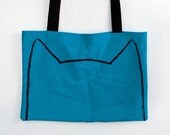 Cat Tote Bag - Screen Printed Canvas Tote Bag in Teal Blue, cat lady
