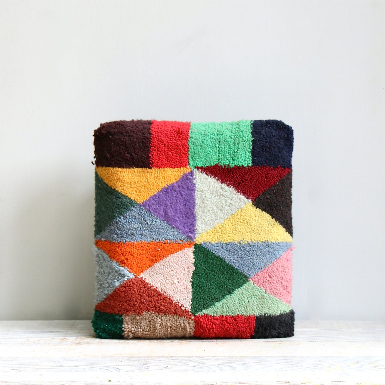 Vintage Handmade Hooked Rug Stool / Colorblock, Triangles, Abstract, Folk, Ottoman