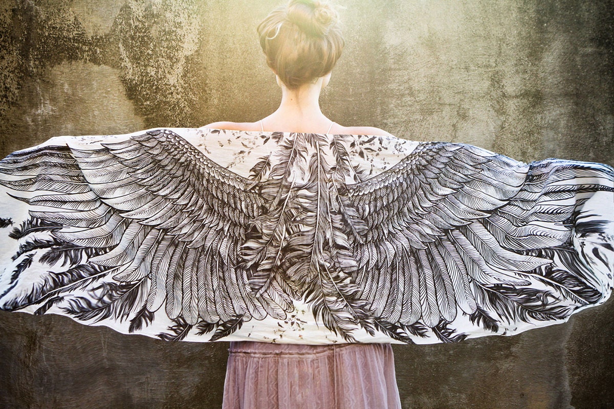 Women scarf, Hand painted Wings and feathers in cotton voile, stunning unique and useful, perfect gift
