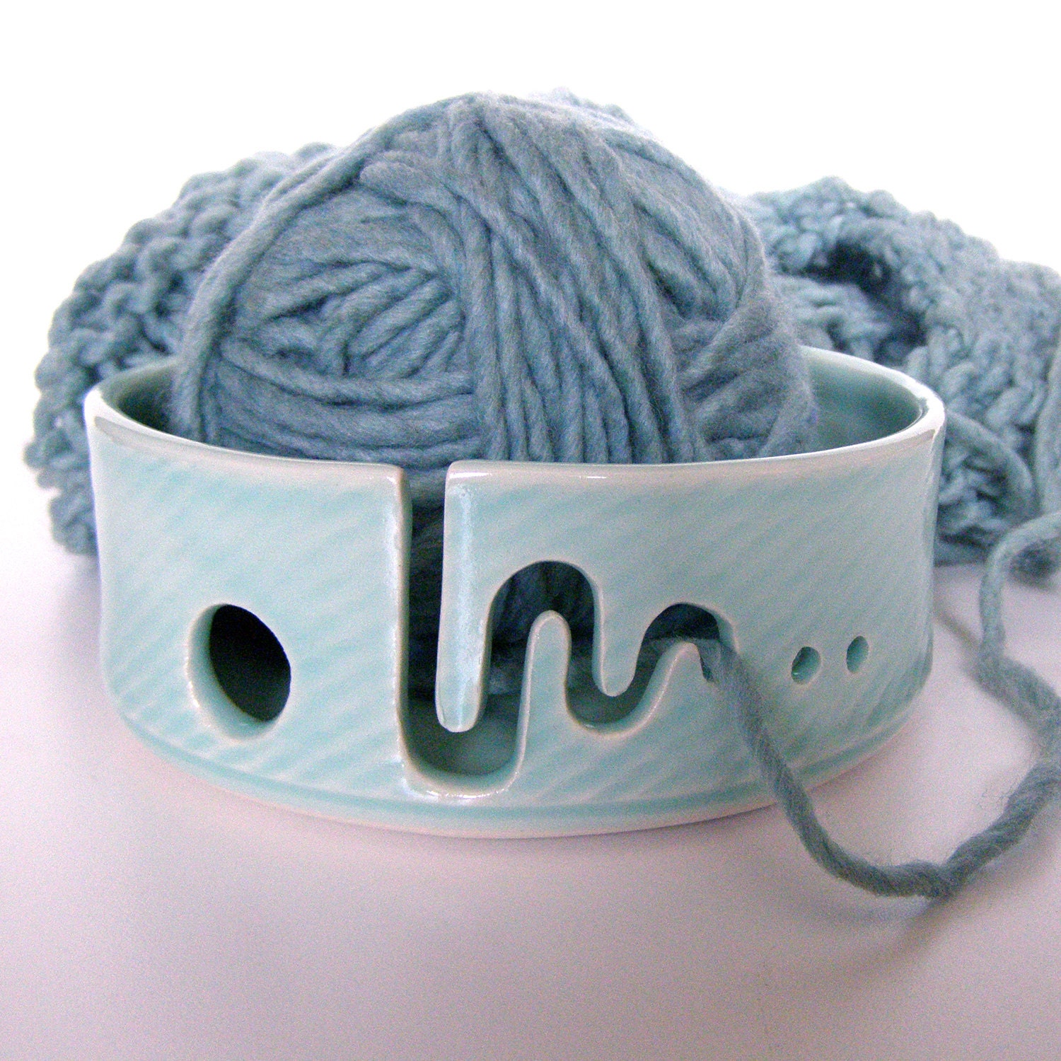 Sm 6" Yarn Bowl for Knitters and Crocheters in Light Blue, Glossy, Rope Impressed