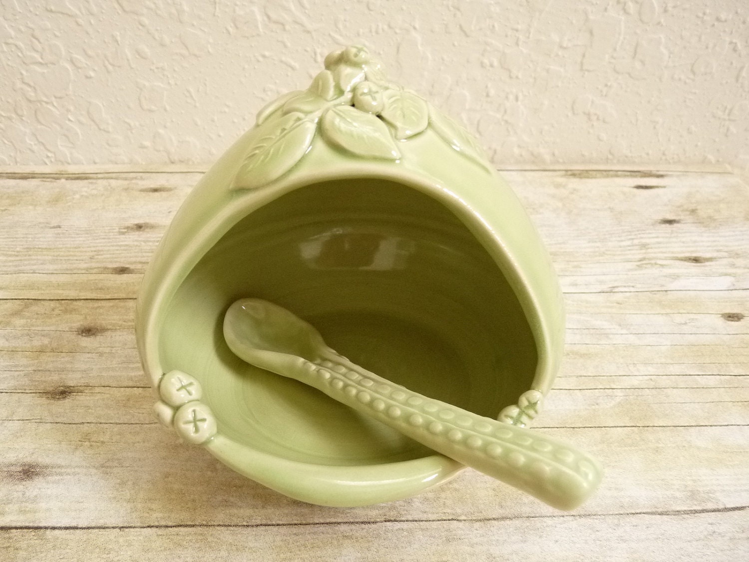 French Salt Pig Handcrafted Spoon Spring Green Salt Cellar Ceramic Stoneware Pottery For Gourmet Cook Or Kitchen Leaf Decor